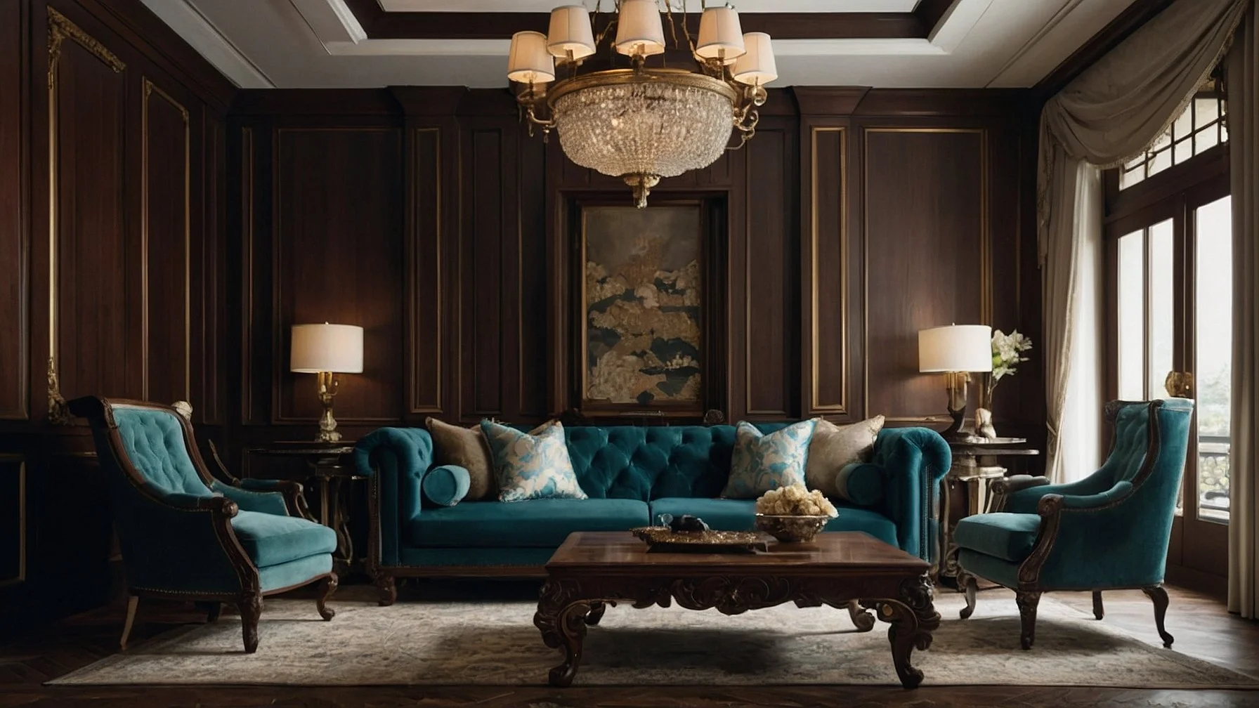 Traditional living room with teal furniture and warm wood.