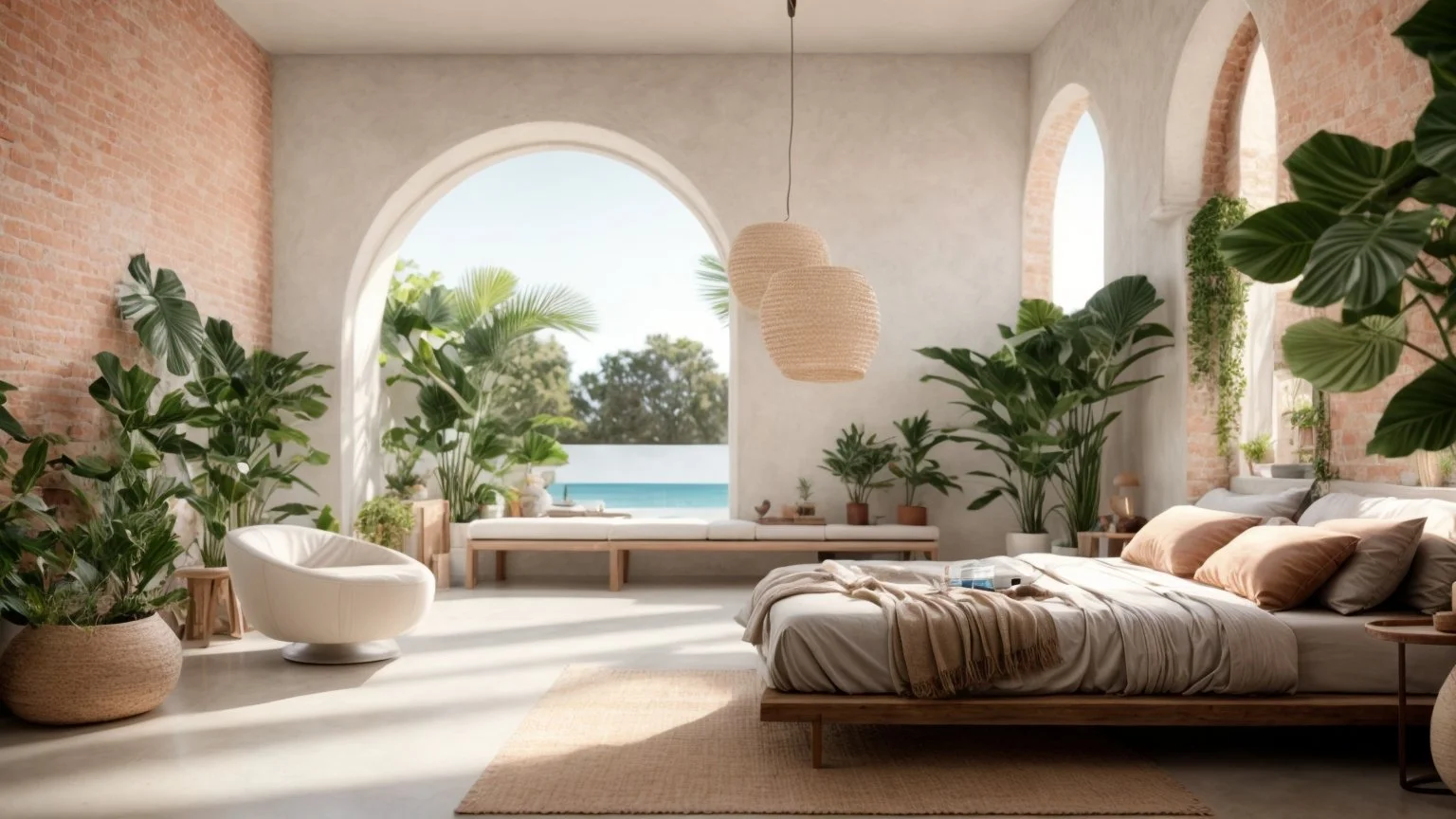 Serene bedroom with natural light and warm interior textures.